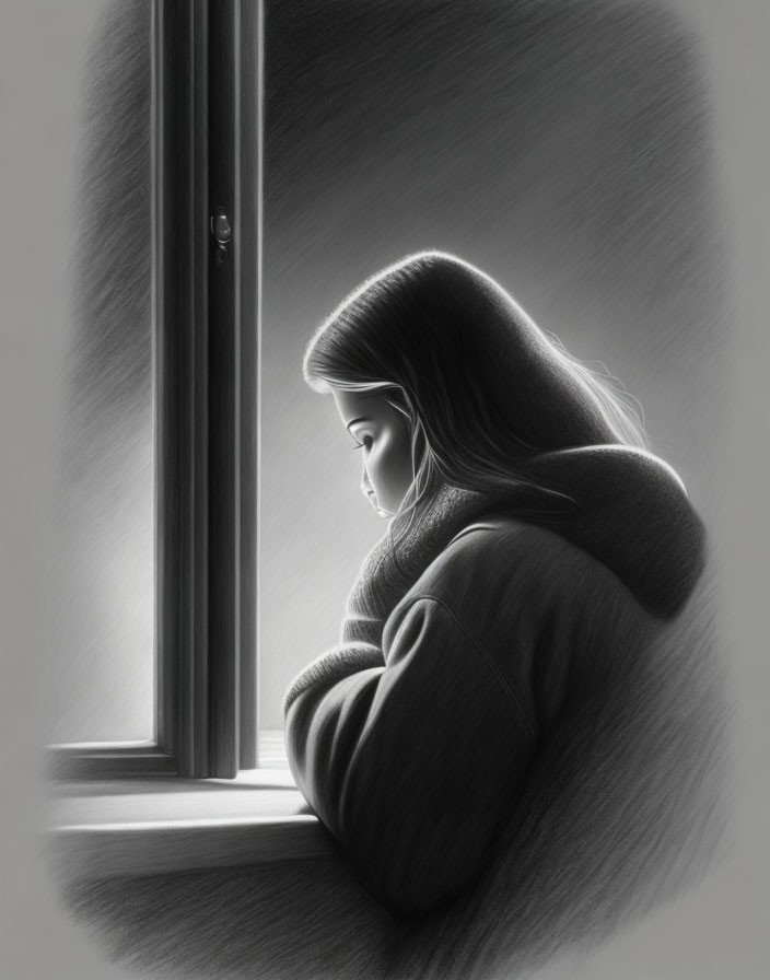 Monochrome illustration of person gazing through partially open window