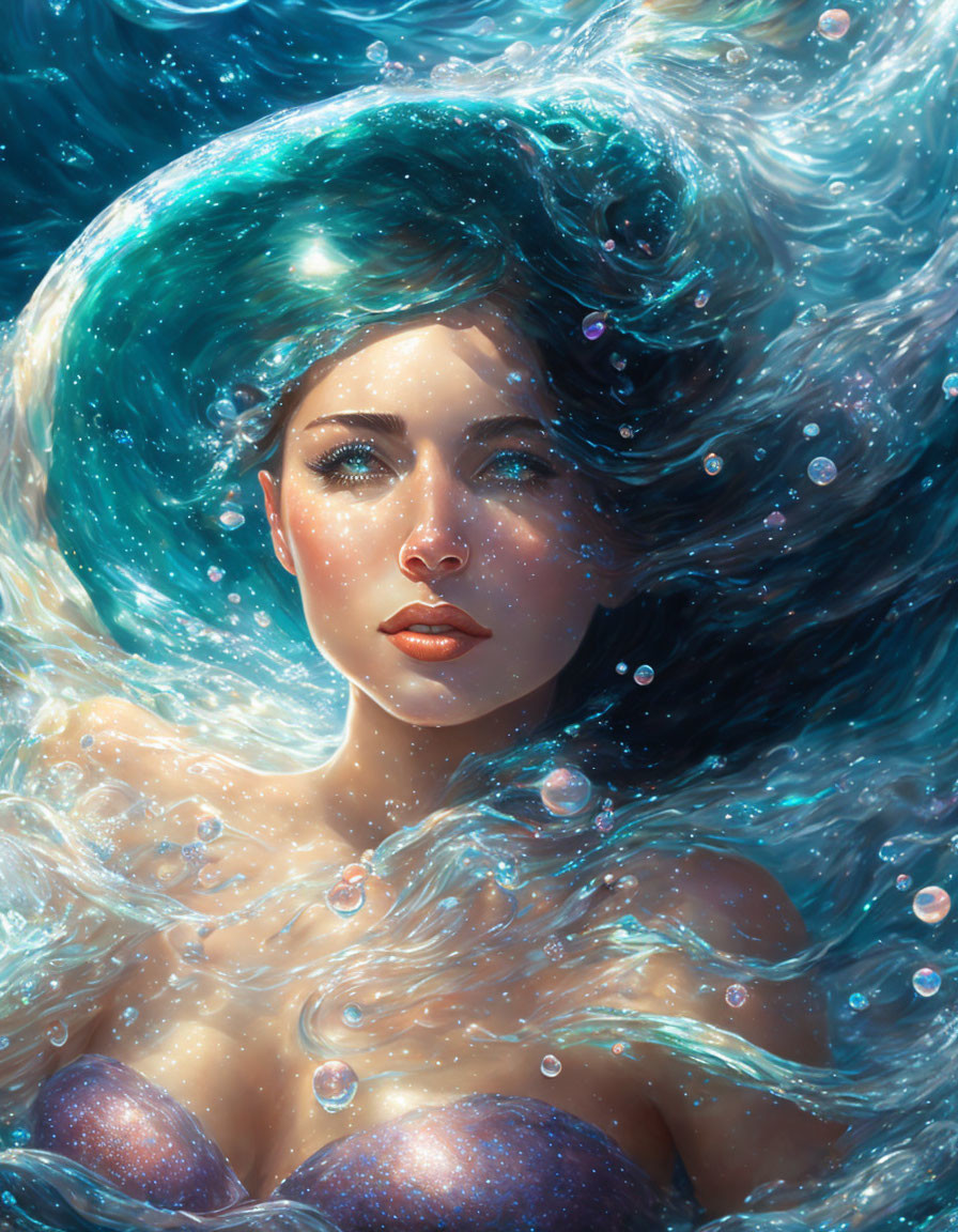 Fantasy illustration: Woman with aquamarine hair in water-themed setting