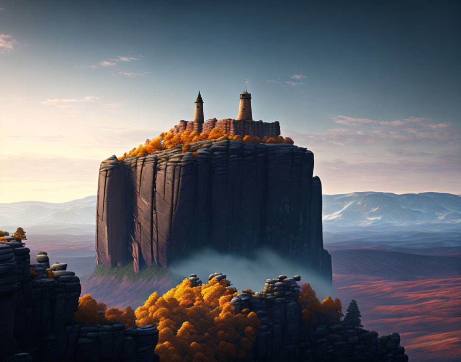 Majestic castle on cliff with fall foliage and misty red hills