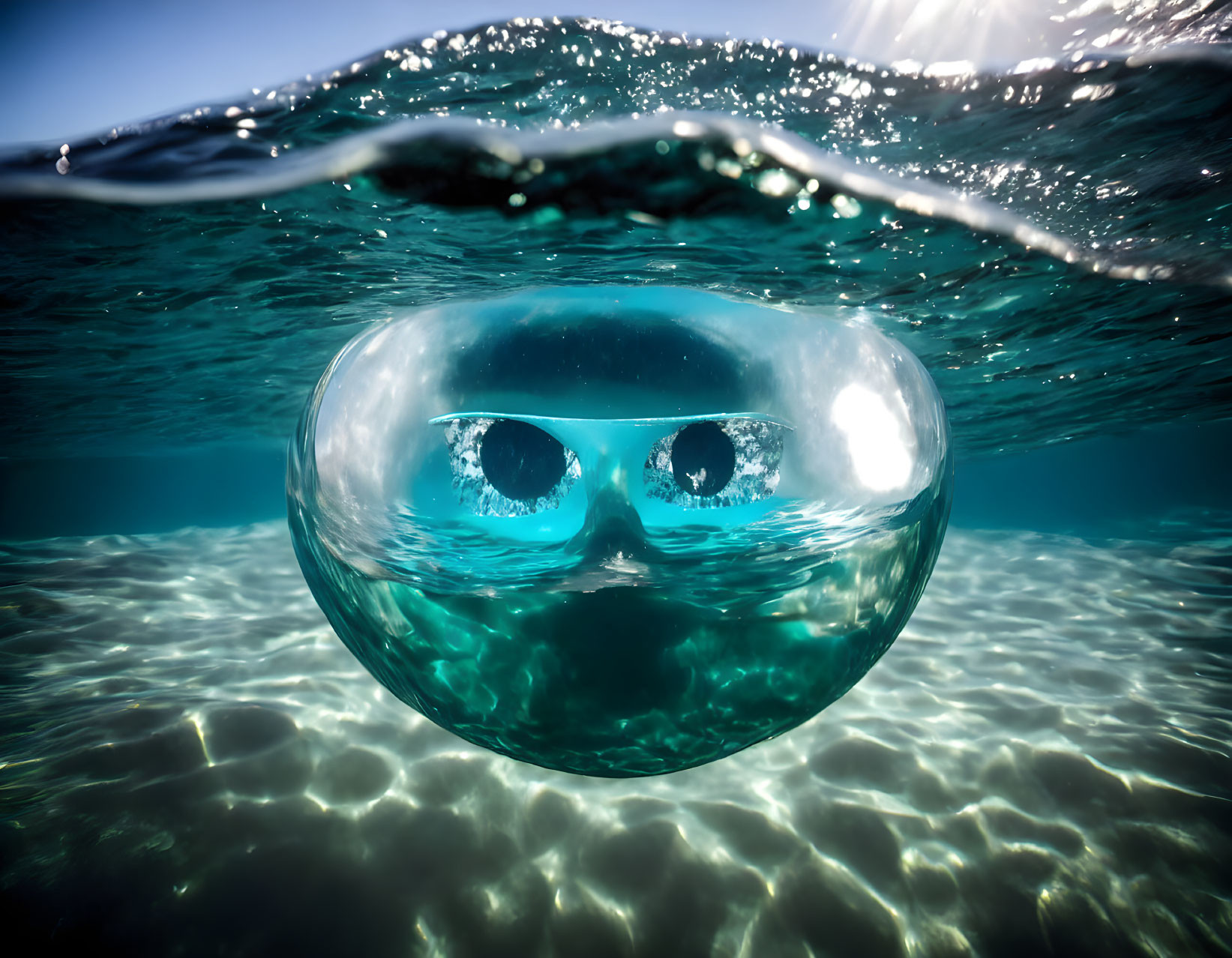 Person wearing goggles underwater with eyes visible in air bubble, surrounded by blue ocean