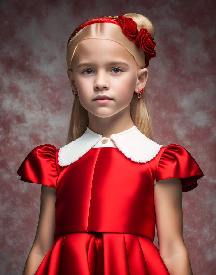 Blonde Girl in Red Dress with White Collar and Headband