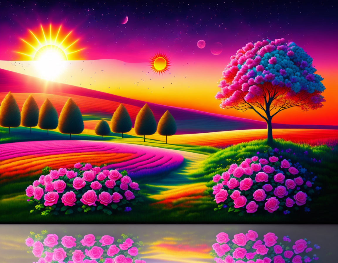 Colorful Tree and Pink Roses in Sunset Landscape with Night Sky