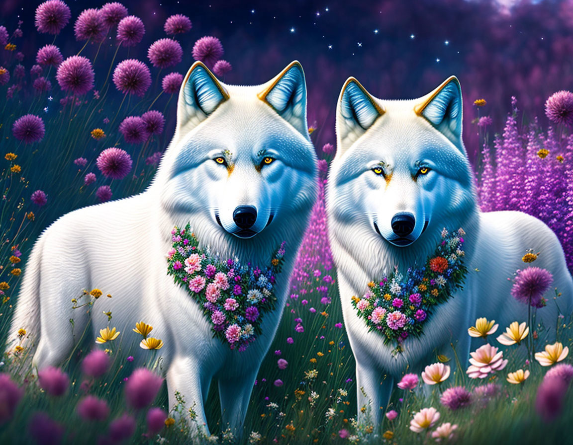 Illustrated white wolves with floral wreaths in colorful field