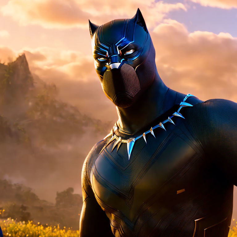 Character in Black Panther Costume Against Sunset Sky and Mountains