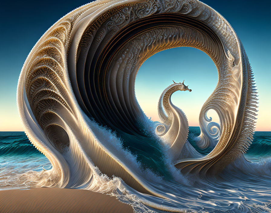 Colossal wave spiraling with fractal patterns and seahorse silhouette