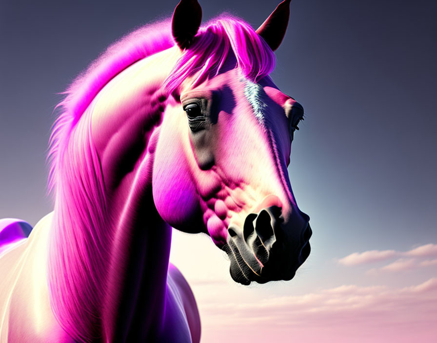 Vibrant pink and purple horse in a pastel sky