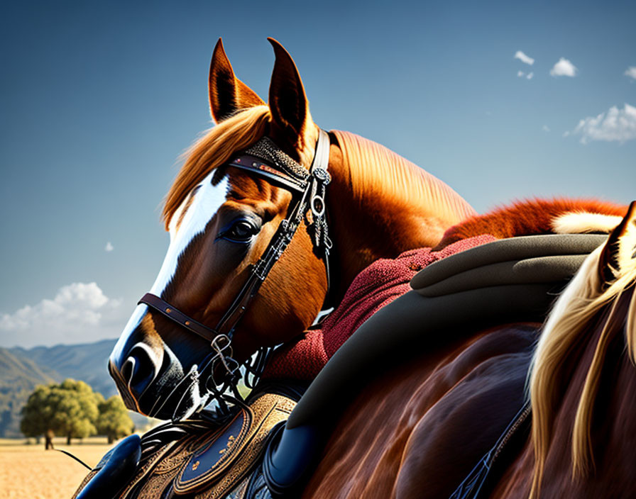 Brown horse with bridle and stitching against rolling hills and clear skies