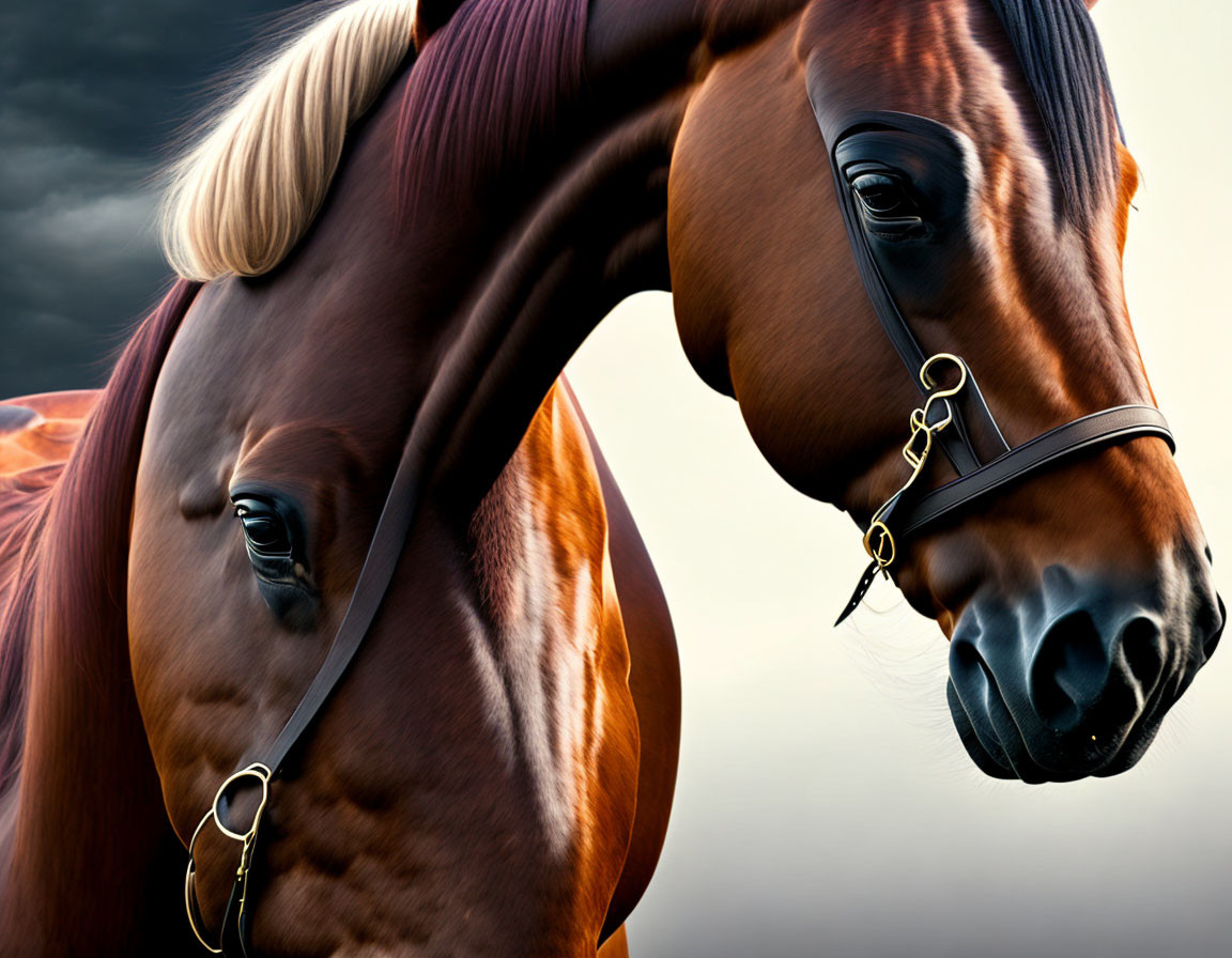 Chestnut horse with bridle against stormy sky displays detailed musculature.