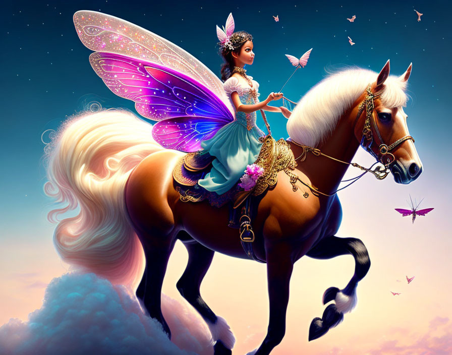 Fantasy artwork of fairy riding horse under twilight sky