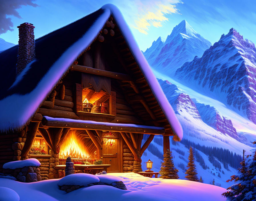 Snowy landscape with cozy log cabin and glowing windows at twilight