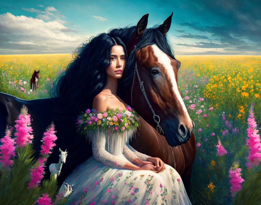 Woman in floral dress by horse in vibrant meadow with dramatic sky