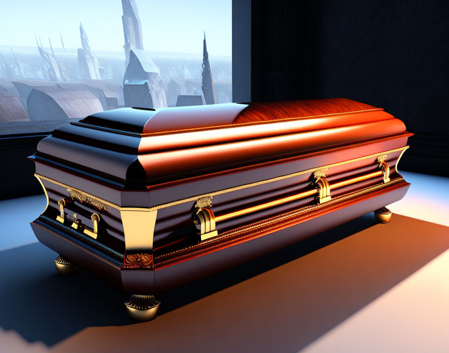 Polished ornate casket with golden handles in futuristic room