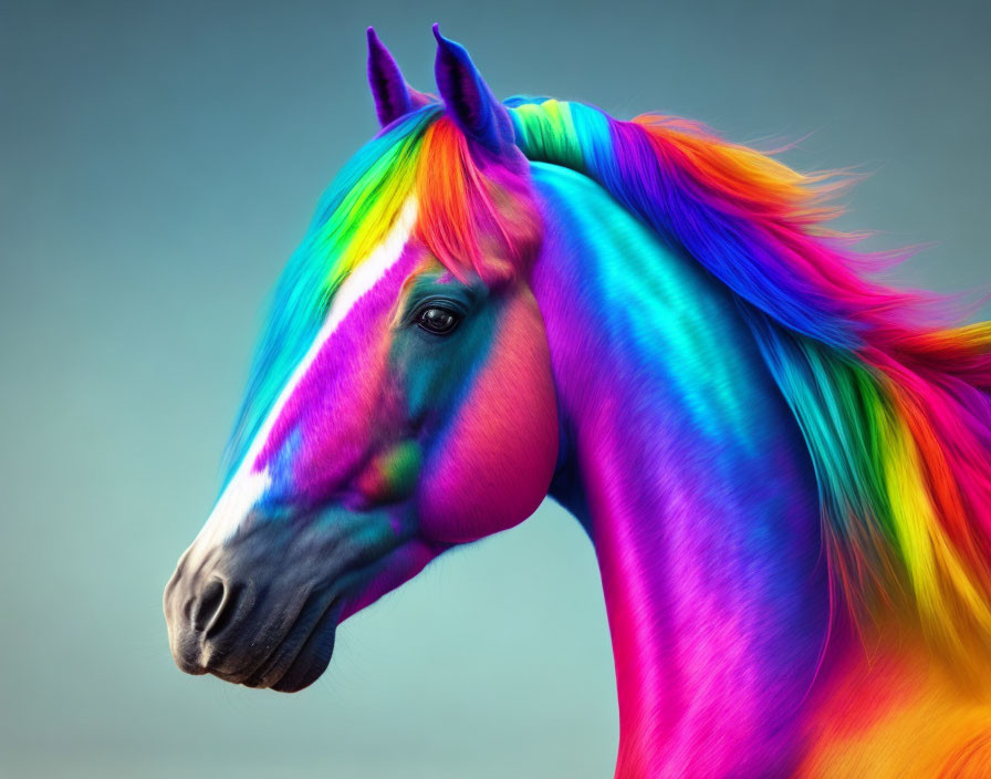 Colorful Rainbow Horse on Teal Background