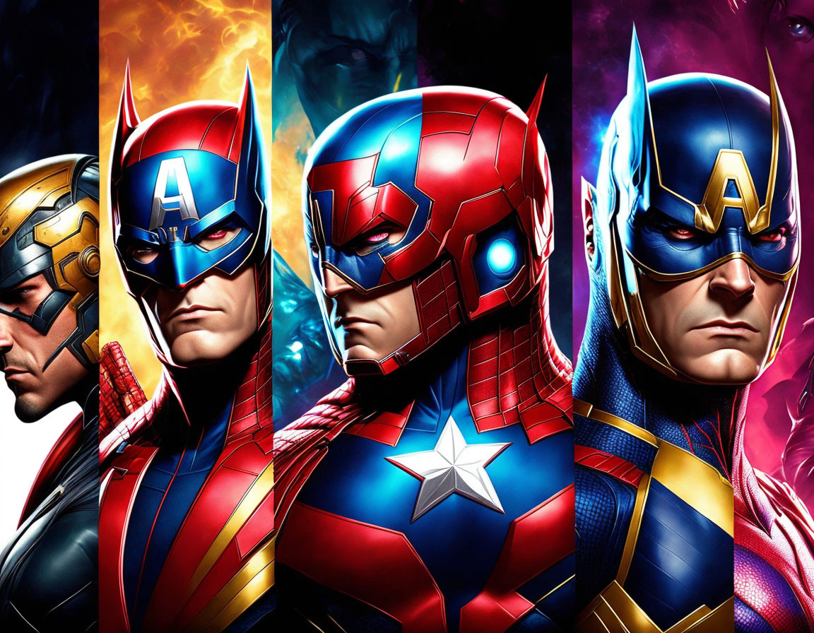 Three Captain America helmet variations on vibrant backgrounds showcase diverse artistic styles.