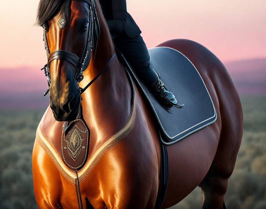 Equestrian scene: Horse with black saddle and rider at sunset