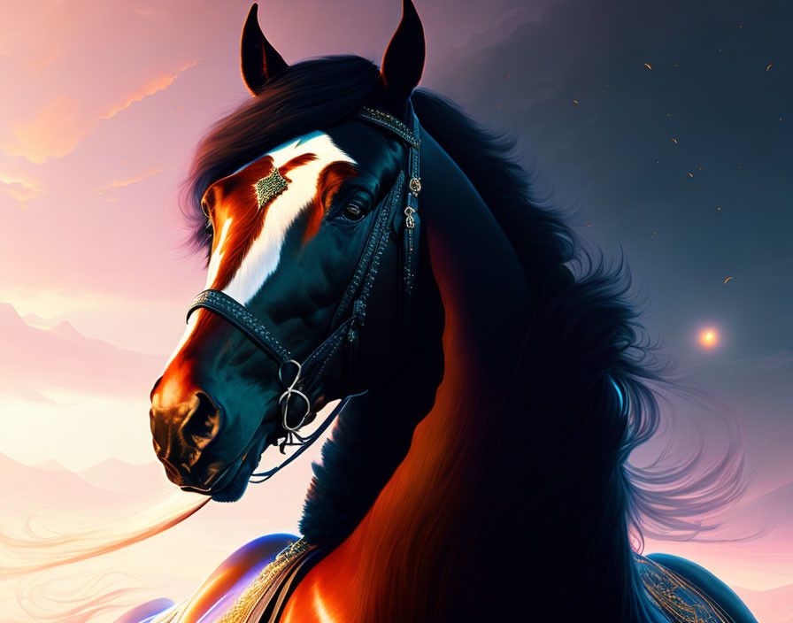 Brown horse with black mane in elegant bridle against warm twilight sky