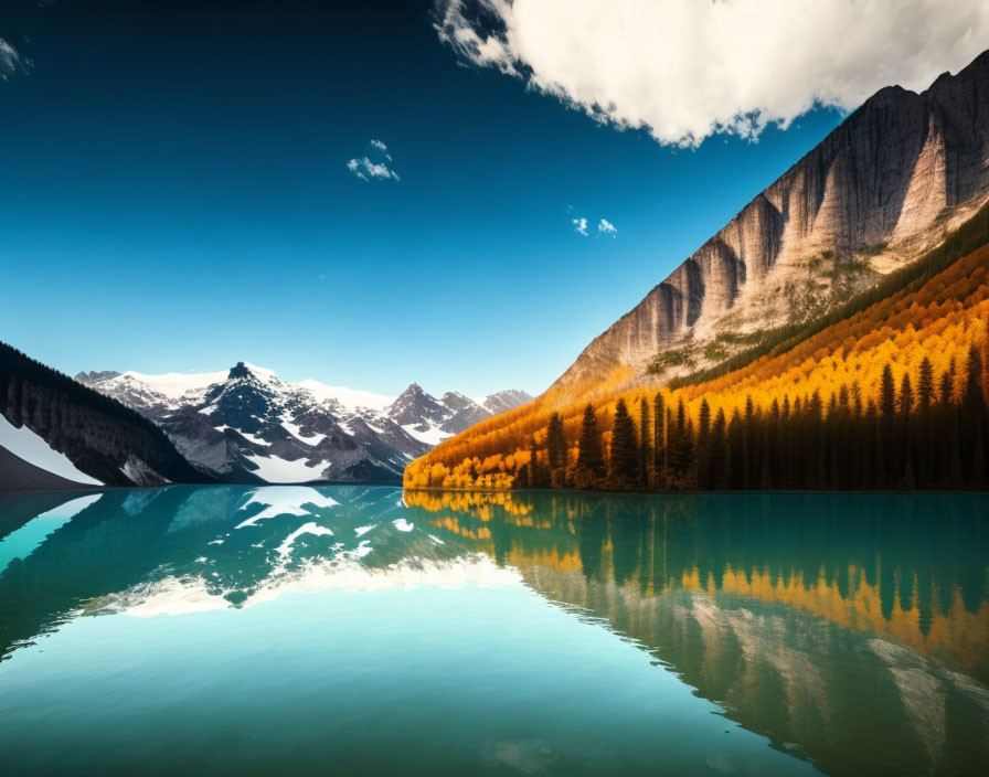 Majestic snowy mountains reflected in serene lake with autumn forest under blue sky