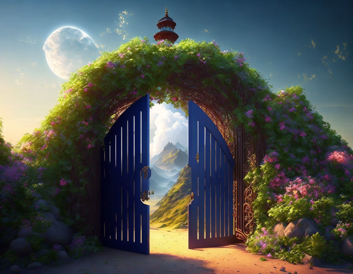 Enchanting open gate with greenery and flowers, mountains, lighthouse, moonlit sky