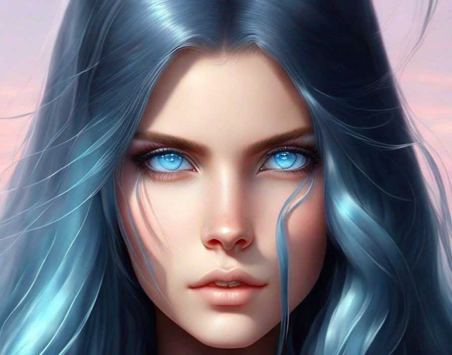 Female digital artwork: Striking blue eyes, wavy blue hair