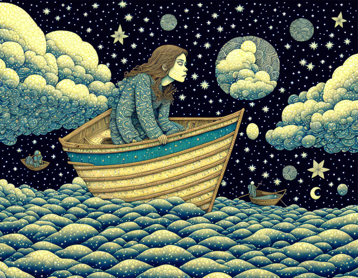 Surreal illustration of person sailing on cloud-filled sea