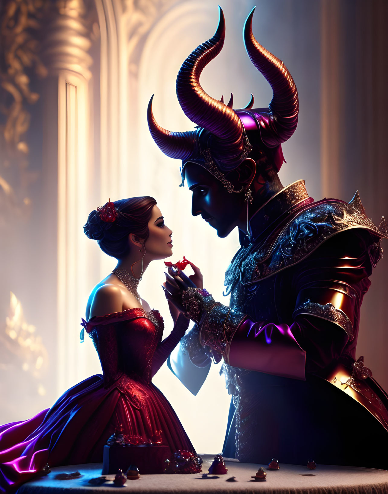 Romantic fantasy scene with woman in red dress and man with horns in armor in candlelit gothic