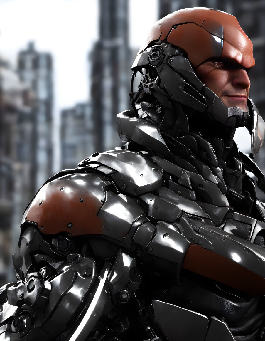 Futuristic armored person with mechanical parts against cityscape.