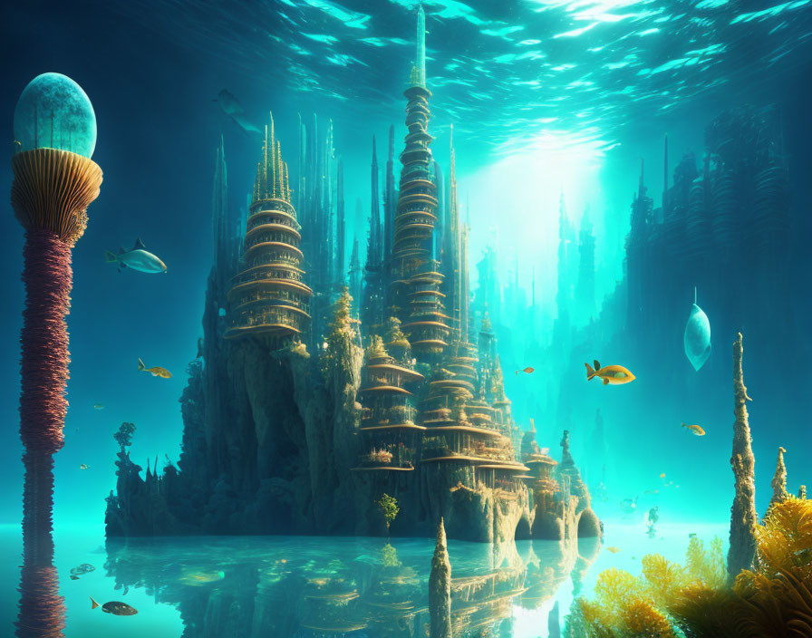 Majestic underwater city with towering structures and marine life in mystical light