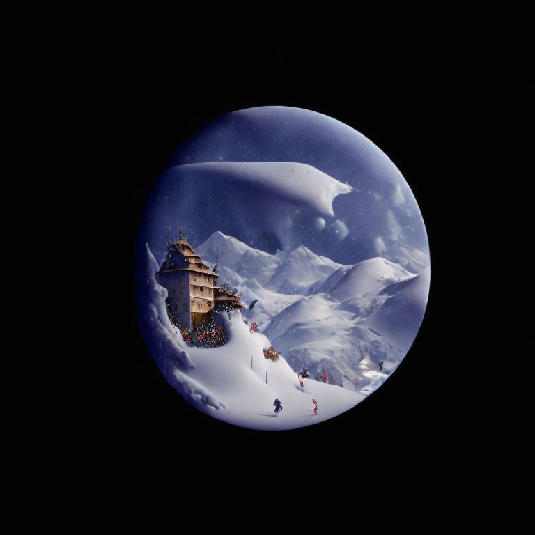 Snow Globe with Cozy Chalet, Skiers, and Snowy Peaks