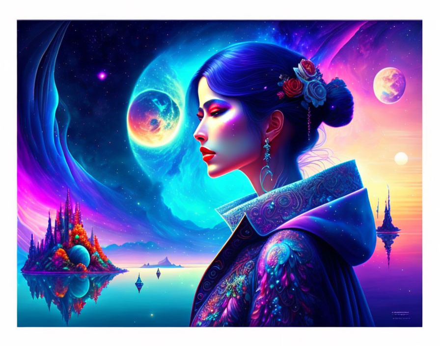 Colorful profile portrait of a woman surrounded by cosmic elements