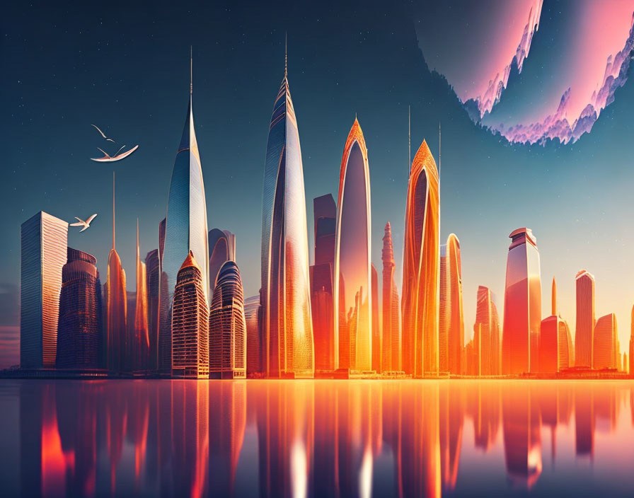 Reflective skyscrapers in futuristic city skyline with warm sunset glow and fantasy planet above tranquil waters