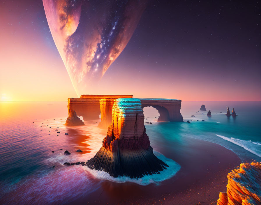 Vibrant surreal seascape with natural arch, glowing edges, rocky outcrops, and giant