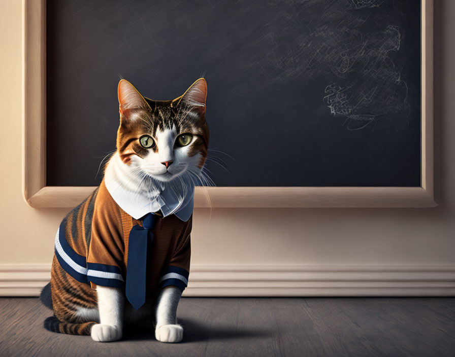 Academic cat in uniform with tie at chalkboard