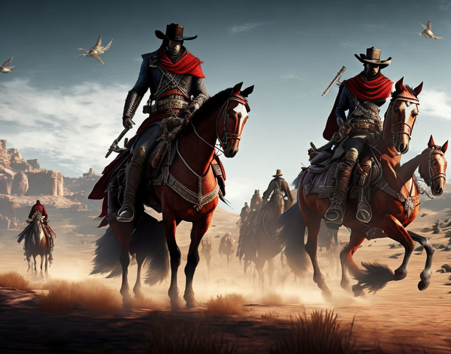 Three Horseback Riders in Desert Landscape with Birds Flying