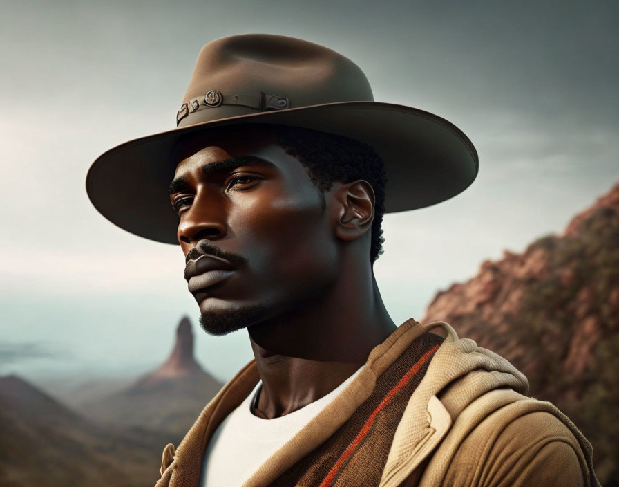 Man in wide-brimmed hat and outdoor jacket with stern gaze against mountain backdrop