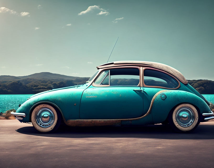 Classic Turquoise Car Parked by Lake Under Clear Skies