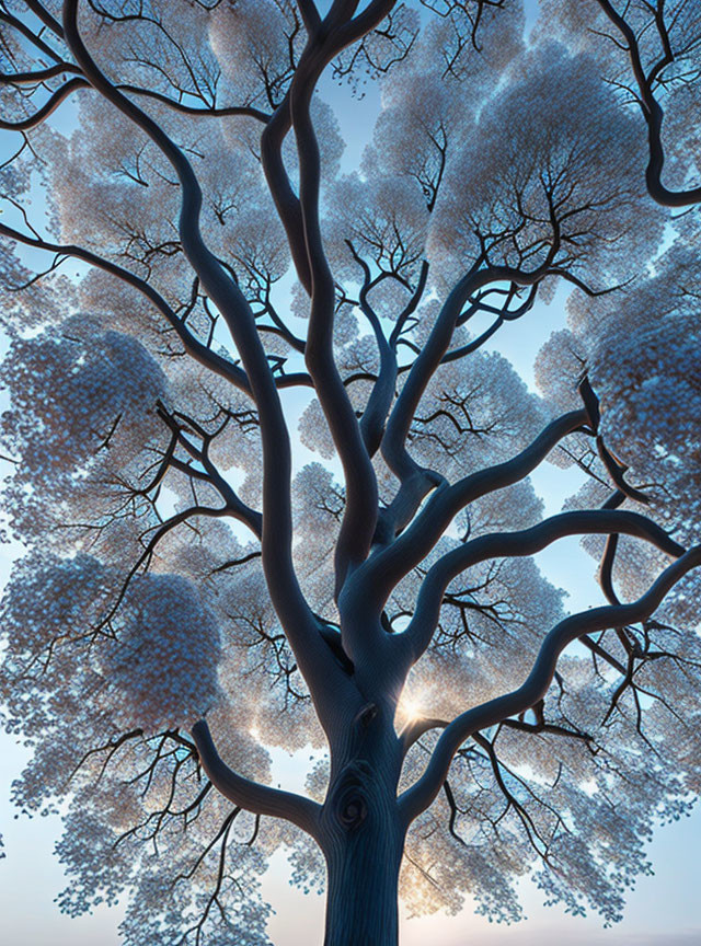 Twilight sky with intricate tree branches and frosted canopy