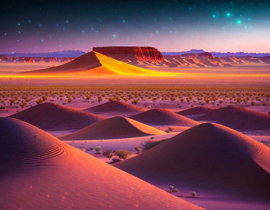 Twilight desert landscape with sand dunes, mesa, starry sky, warm to cool colors