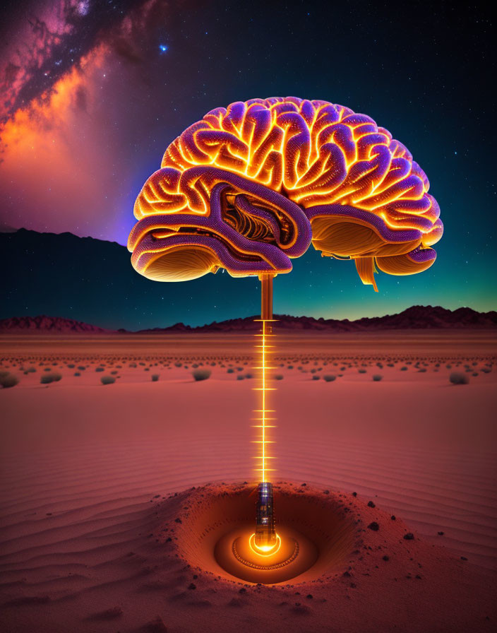 Glowing brain mushroom cloud over night desert landscape