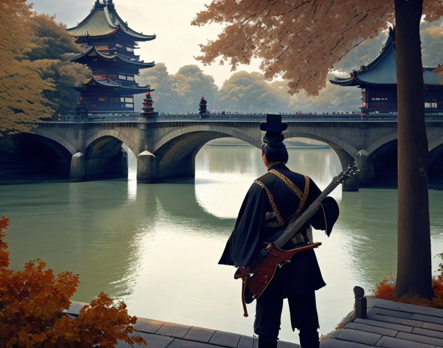 Traditional Attire Person with Sword by Tranquil Lake and Pagoda Bridge