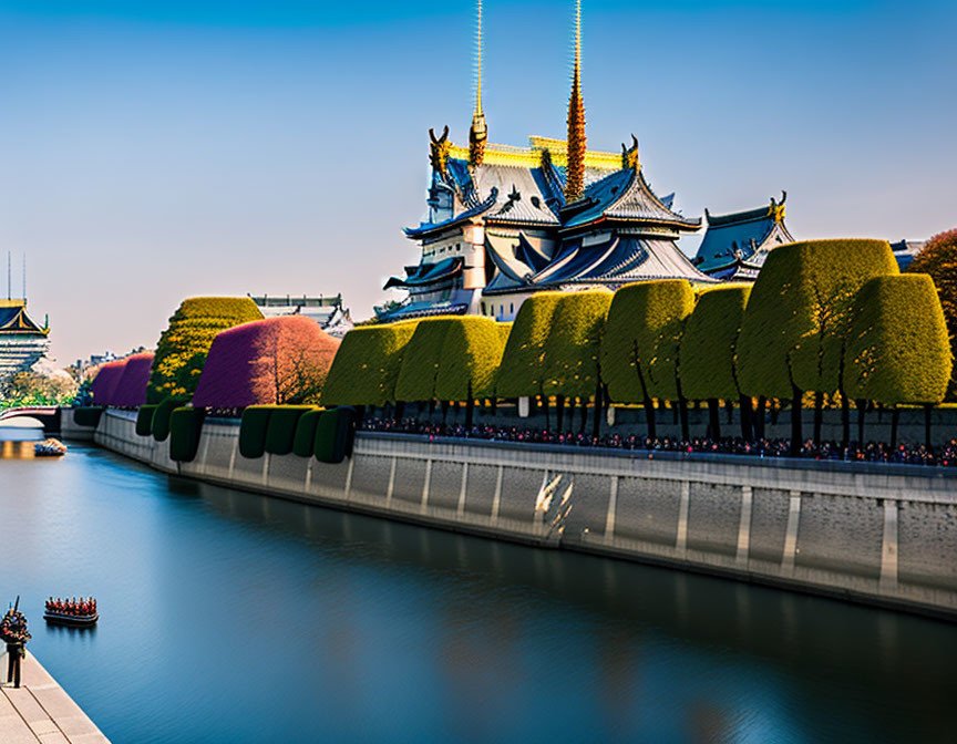 Traditional Asian Palace with Tiered Roofs and Golden Spires by Calm River