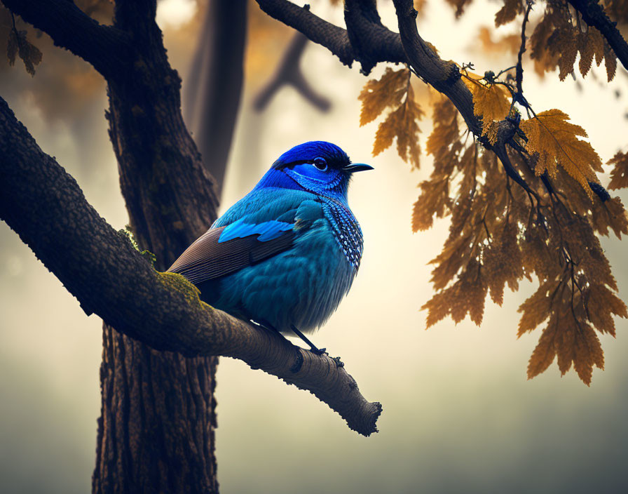 Blue bird perched on tree branch with yellow leaves in autumn setting