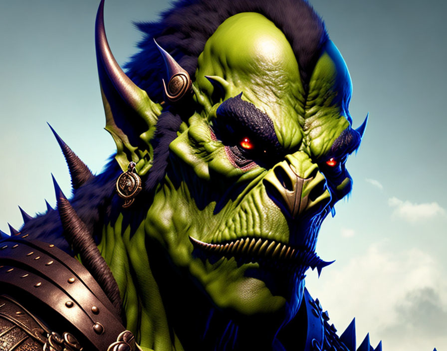 Green-skinned orc with red eyes, tusks, and spiked armor under blue sky