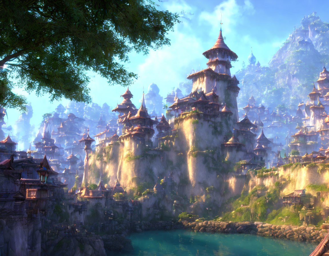 Mystical village with pagoda-style structures in misty mountain setting