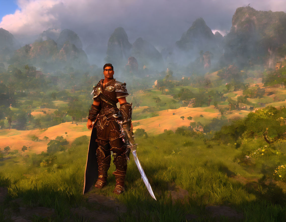 Warrior in Heavy Armor in Misty Valley at Sunset