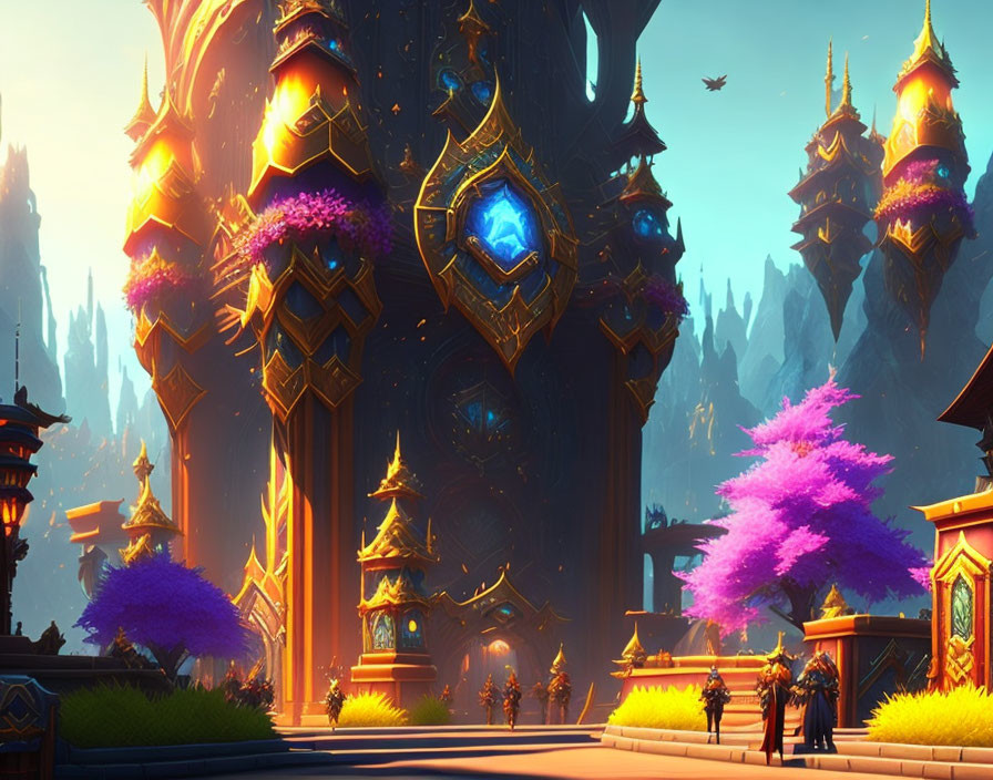 Fantasy palace with golden spires, purple trees, and armored characters under bright sky