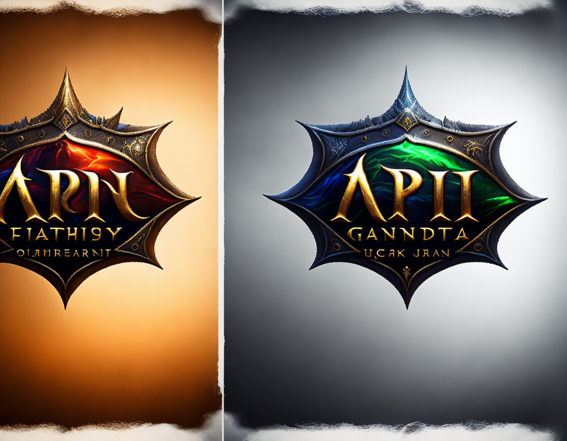 Ornate emblems with stylized text on fiery and cool backgrounds