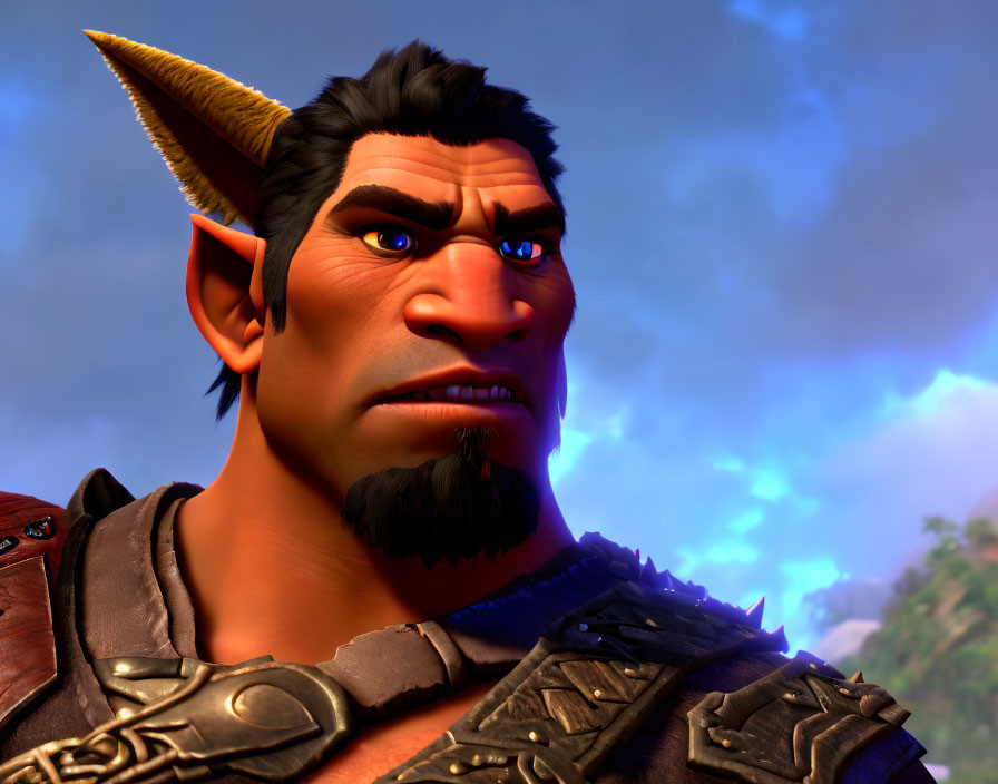 Male orc character with pointed ears and armor in 3D rendering under dusky sky