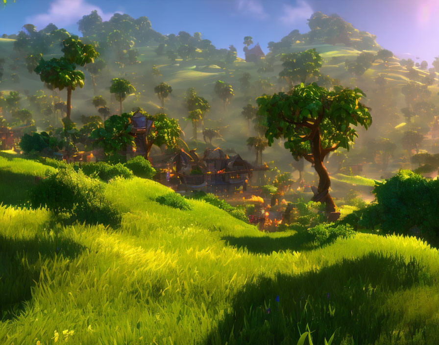 Tranquil fantasy village in lush green hills at sunrise