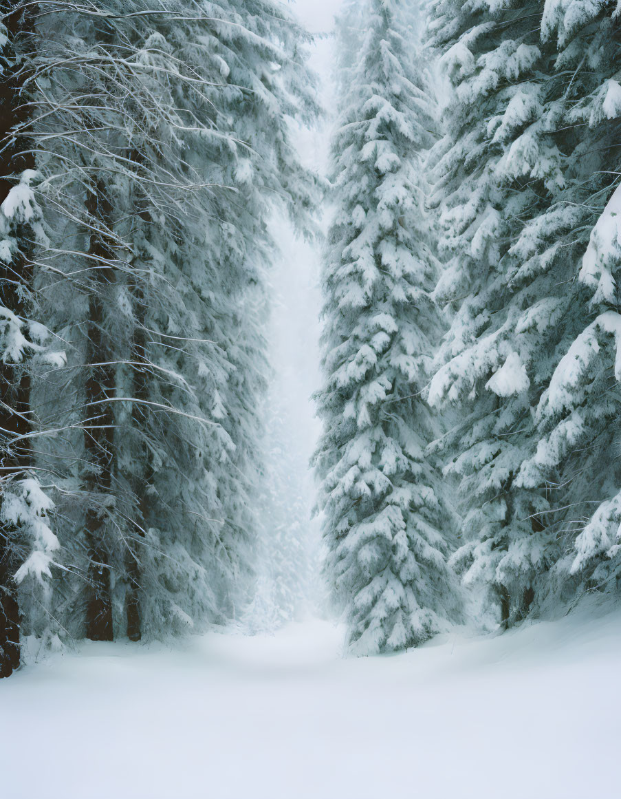 Snow-covered Forest Path with Evergreen Trees in Winter