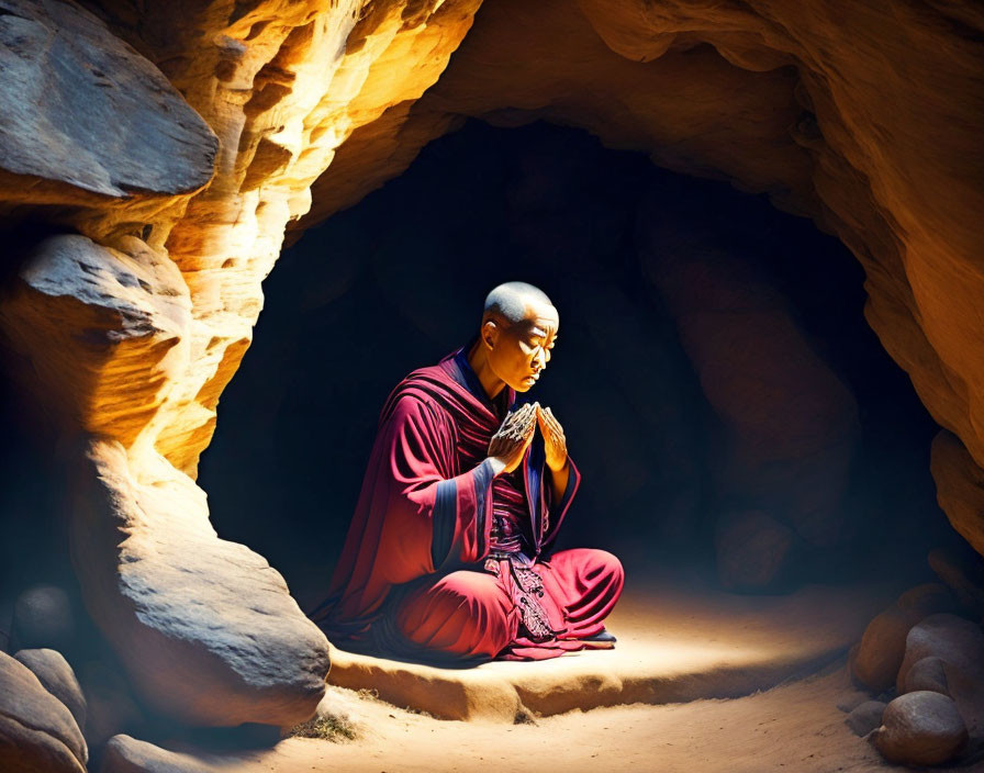 Person in Red Robes Meditating in Sunlit Cave